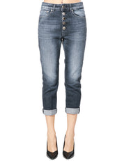 JEANS DONNA DONDUP KOONS IN DENIM STRETCH NERO A VITA REGOLARE CON BOTTONIERA GIOIELLO E LUNGHEZZA ALLA CAVIGLIA