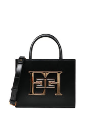 BORSA DONNA ELISABETTA FRANCHI NERA CON MAXI PLACCA LOGO IN METALLO DORATO E MANCI RIGIDI