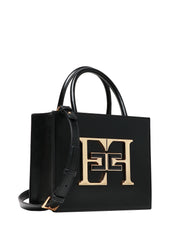 BORSA DONNA ELISABETTA FRANCHI NERA CON MAXI PLACCA LOGO IN METALLO DORATO E MANCI RIGIDI