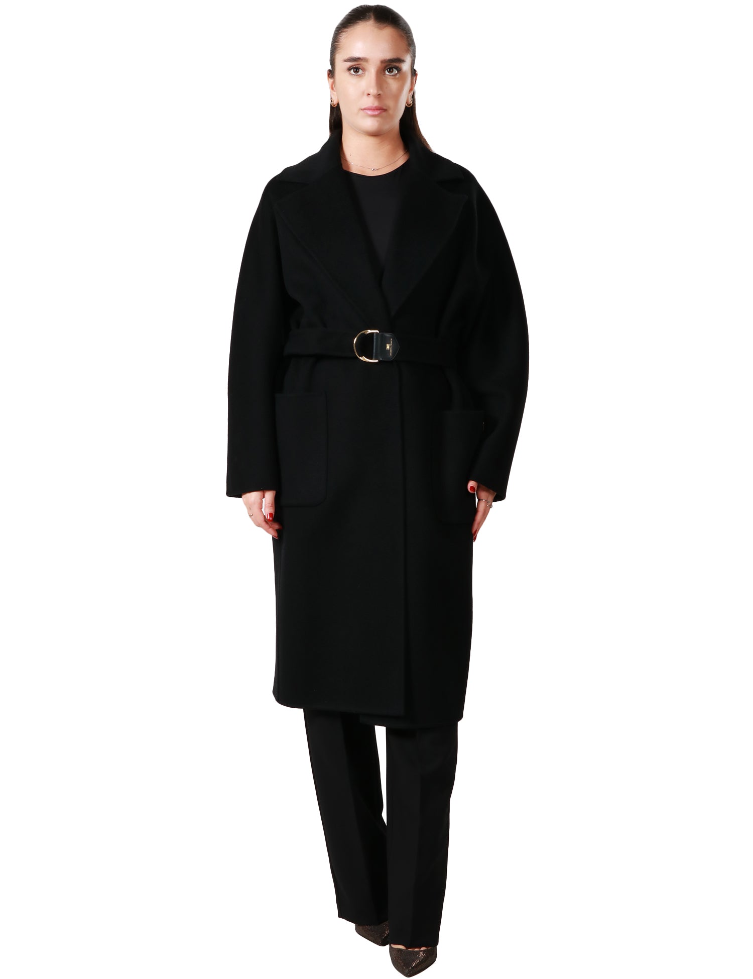 CAPPOTTO DONNA ELISABETTA FRANCHI NERO A VESTAGLIA IN PURA LANA DOUBLE CON CINTURA