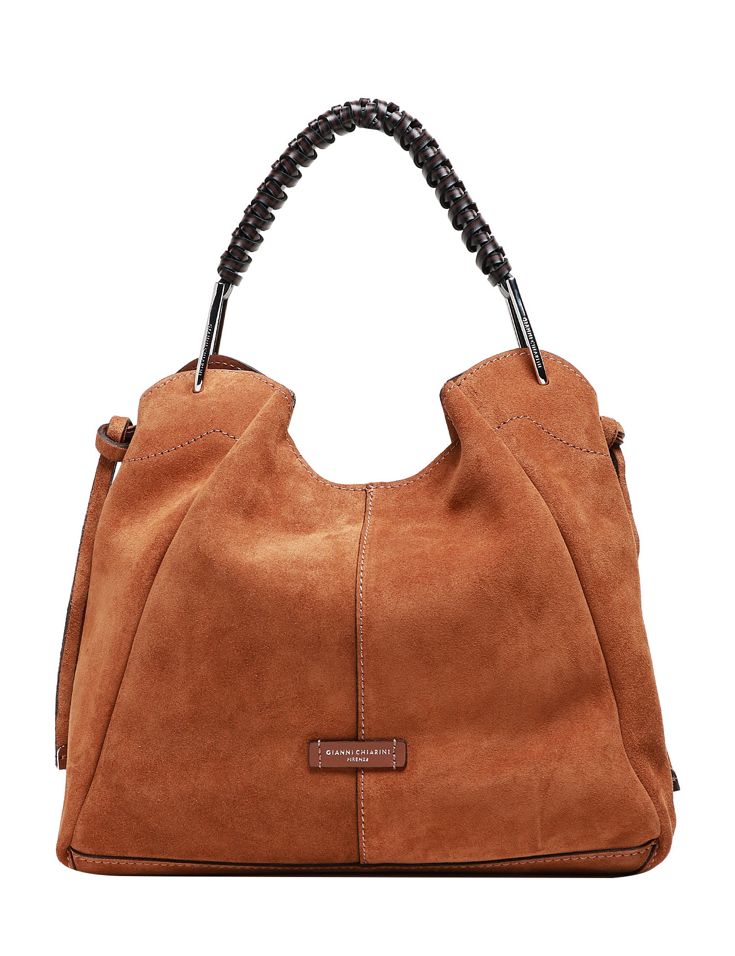 BORSA DONNA GIANNI CHIARINI ERA COGNAC IN PELLE SCAMOSCIATA CON MANICO INTRECCIATO E POCHETTE REMOVIBILE