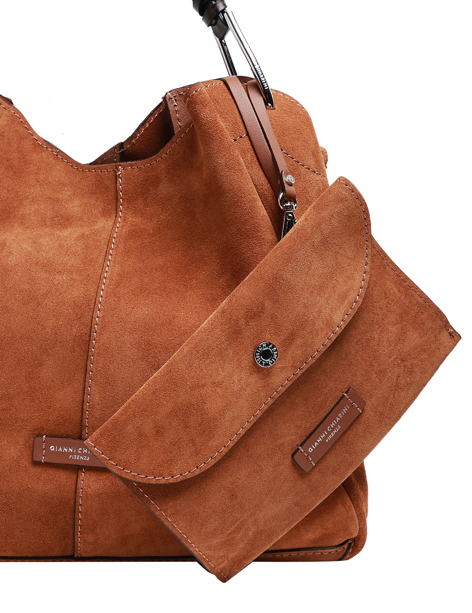 BORSA DONNA GIANNI CHIARINI ERA COGNAC IN PELLE SCAMOSCIATA CON MANICO INTRECCIATO E POCHETTE REMOVIBILE