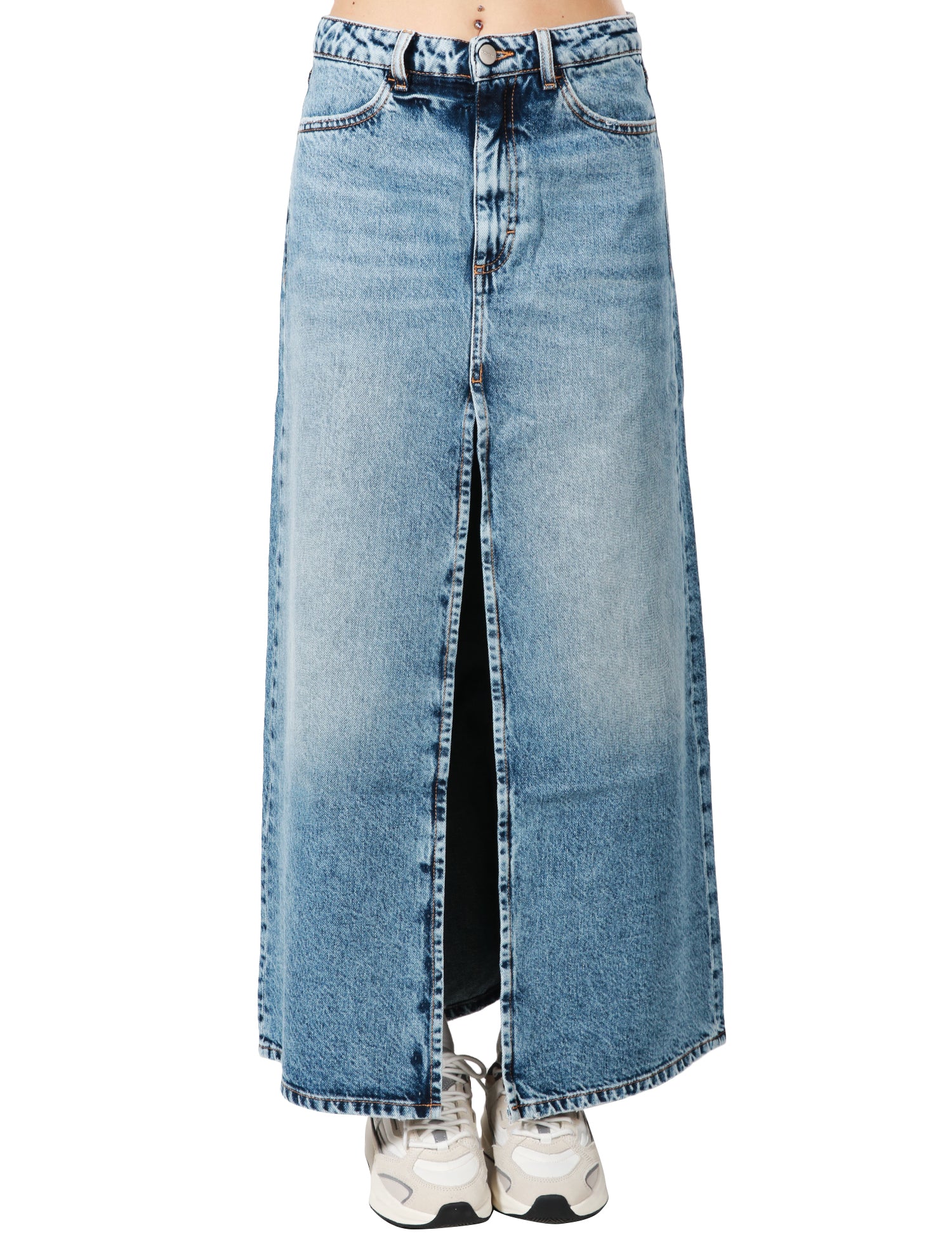 GONNA LUNGA ICON DENIM SANDY DENIM MEDIO CON SPACCO FRONTALE ED EFFETTO VINTAGE SULLE CUCITURE