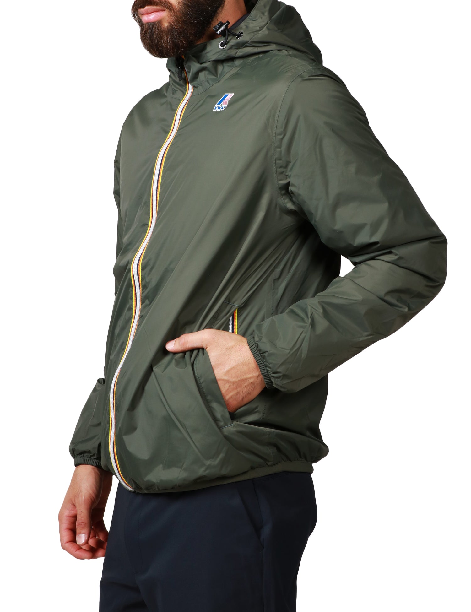 GIUBBOTTO UOMO K-WAY CLAUDE VERDE CON CAPPUCCIO E ZIP IN NYLON RIPSTOP IMPERMEABILE E IMBOTTITURA OVATTA PESO LEGGERO