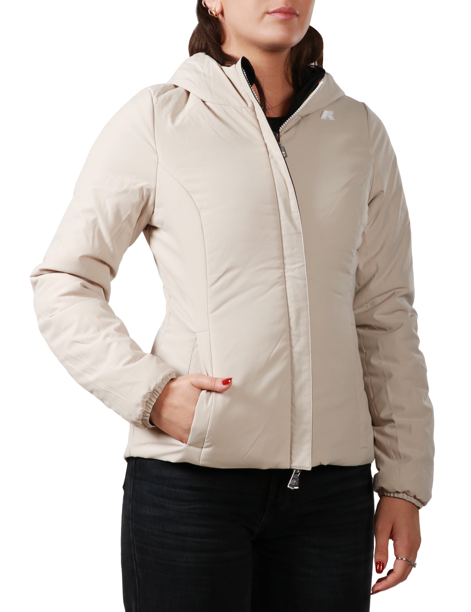 GIUBBOTTO DONNA K-WAY LILY NERO/BEIGE REVERSIBILE CON ZIP E CAPPUCCIO E IMBOTTITURA IN OVATTA