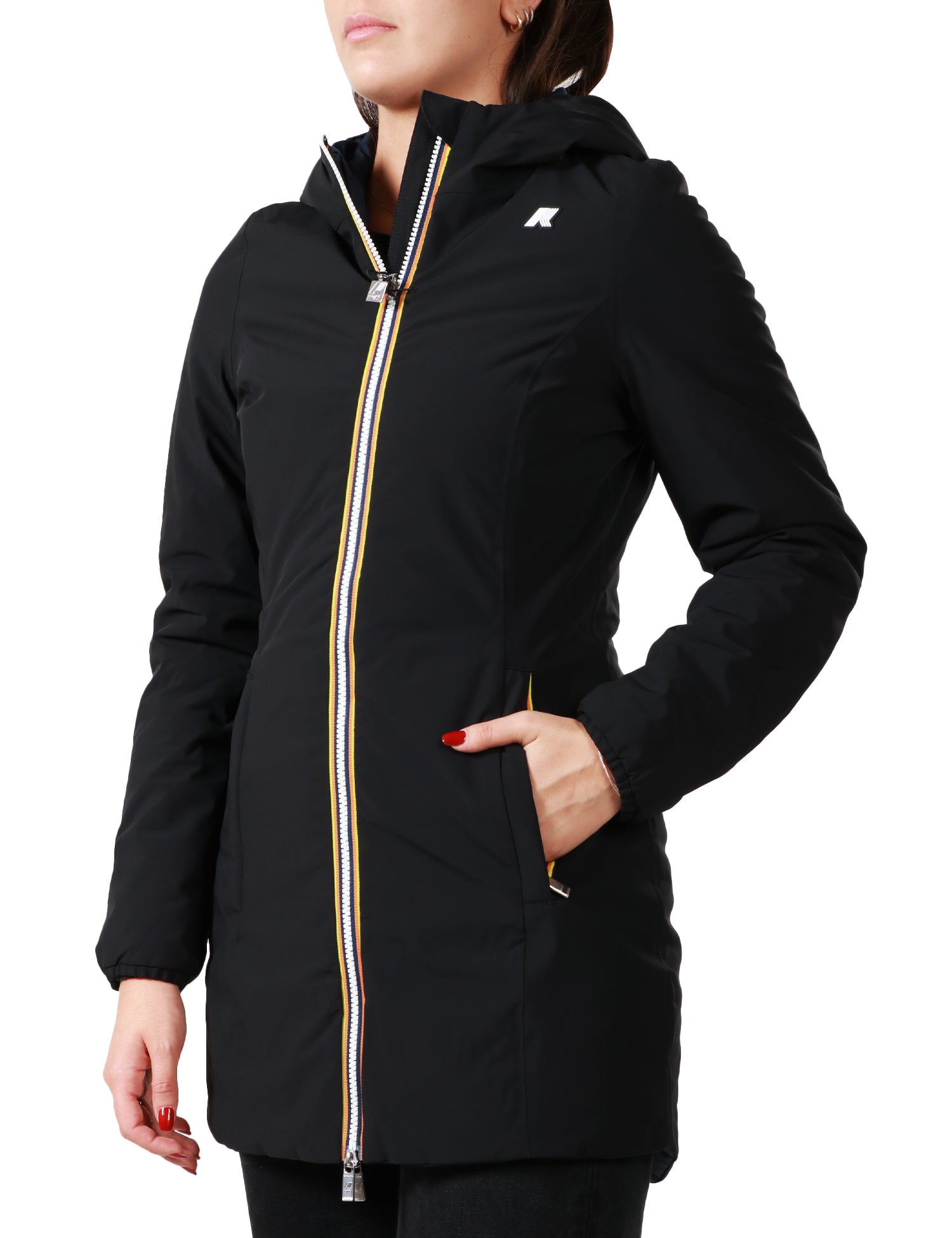 GIUBBOTTO DONNA K-WAY DENISE NERO/BLU REVERSIBILE LUNGHEZZA 3/4 CON ZIP E CAPPUCCIO E IMBOTTITURA OVATTA