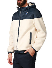 GIUBBOTTO UOMO K-WAY JILDAZ ECRU/BLU CON CAPPUCCIO E ZIP IN NYLON IMPERMEABILE E TESSUTO SHERPA