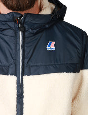 GIUBBOTTO UOMO K-WAY JILDAZ ECRU/BLU CON CAPPUCCIO E ZIP IN NYLON IMPERMEABILE E TESSUTO SHERPA