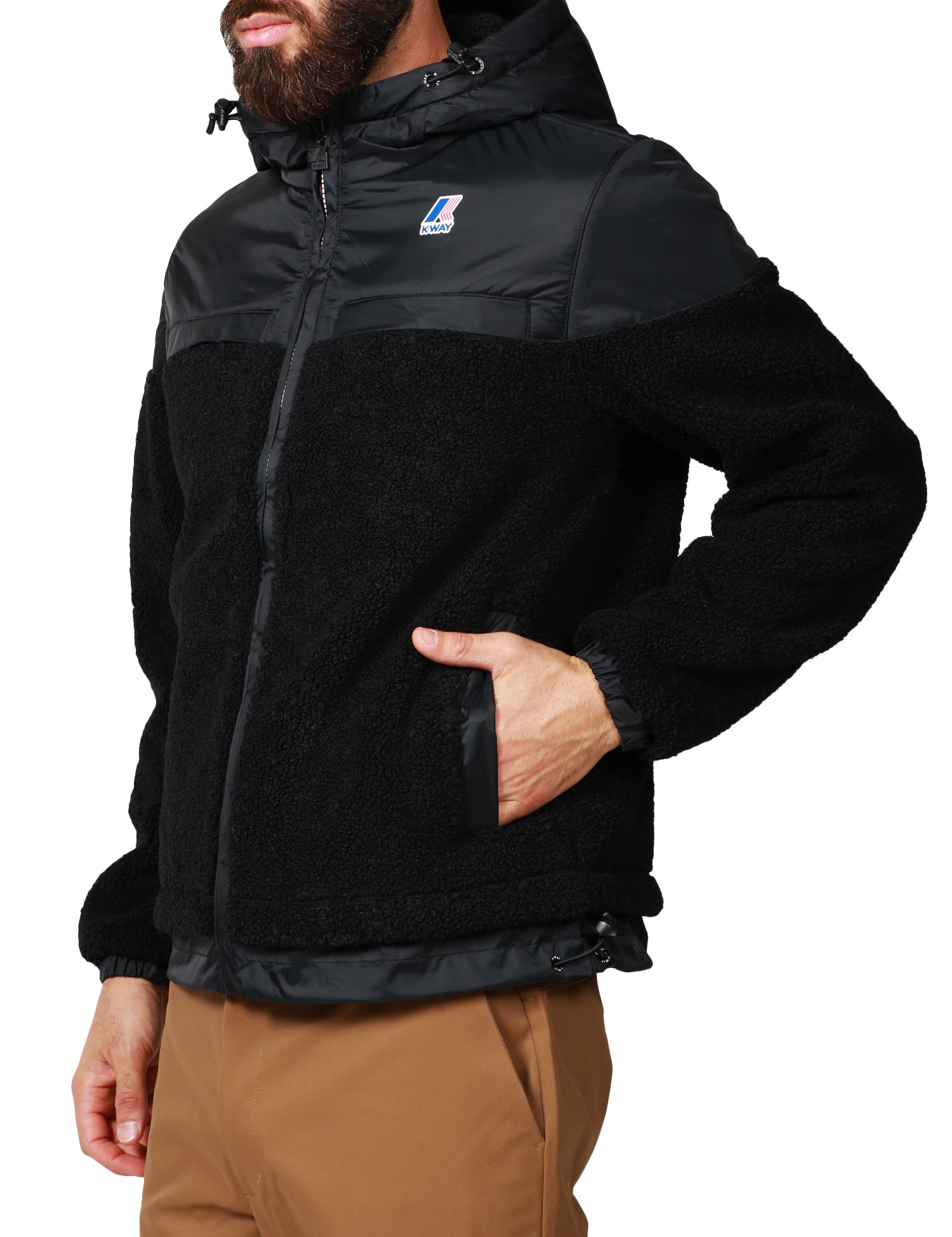 GIUBBOTTO UOMO K-WAY JILDAZ ORSETTO NERO CON ZIP E CAPPUCCIO IN NYLON IMPERMEABILE E TESSUHO SHERPA