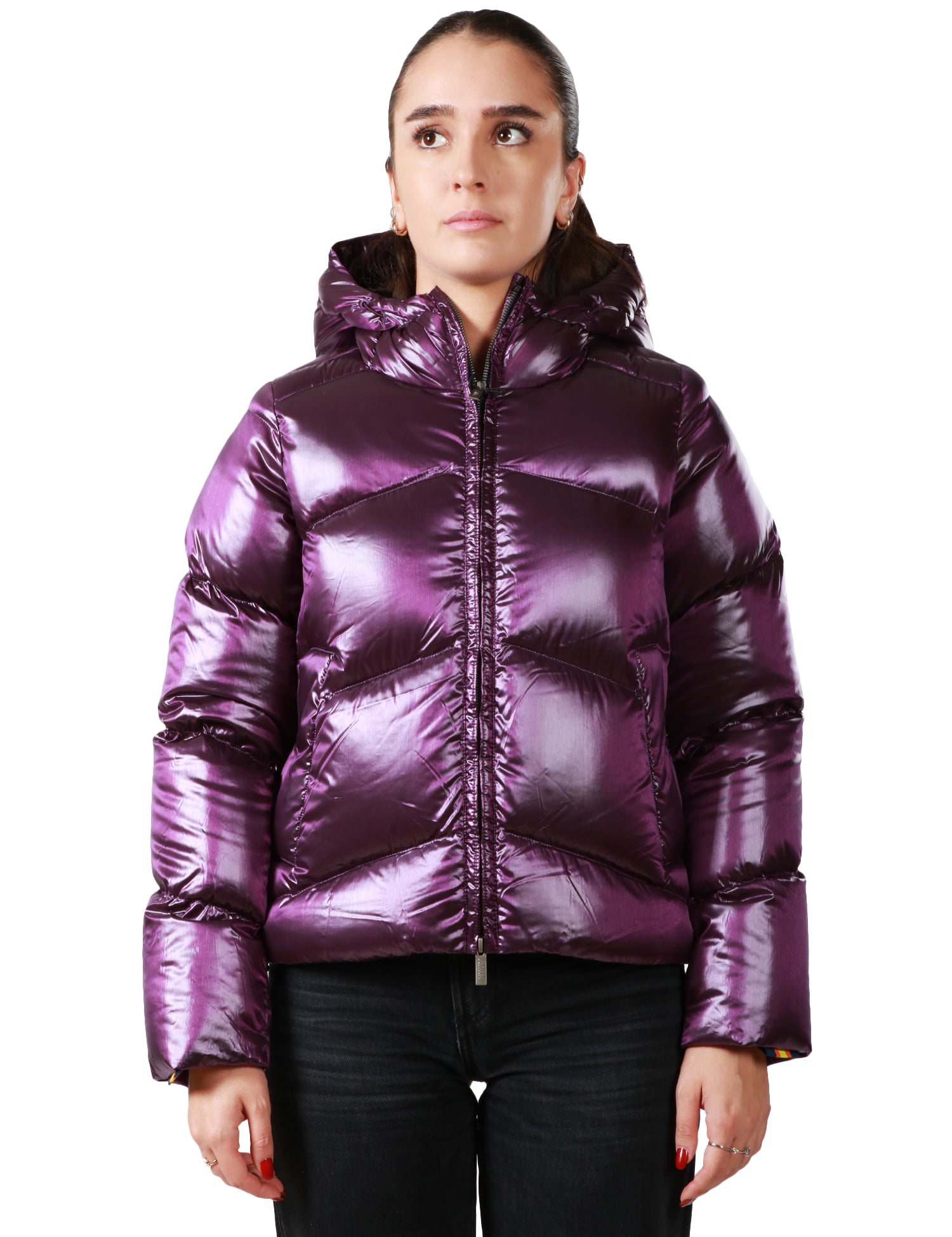 PIUMINO DONNA K-WAY NINEV VIOLA CON ZIP E CAPPUCCIO IN NYLON LUCIDO TRAPUNTATO E IMBOTTITURA IN PIUMA MOLINA