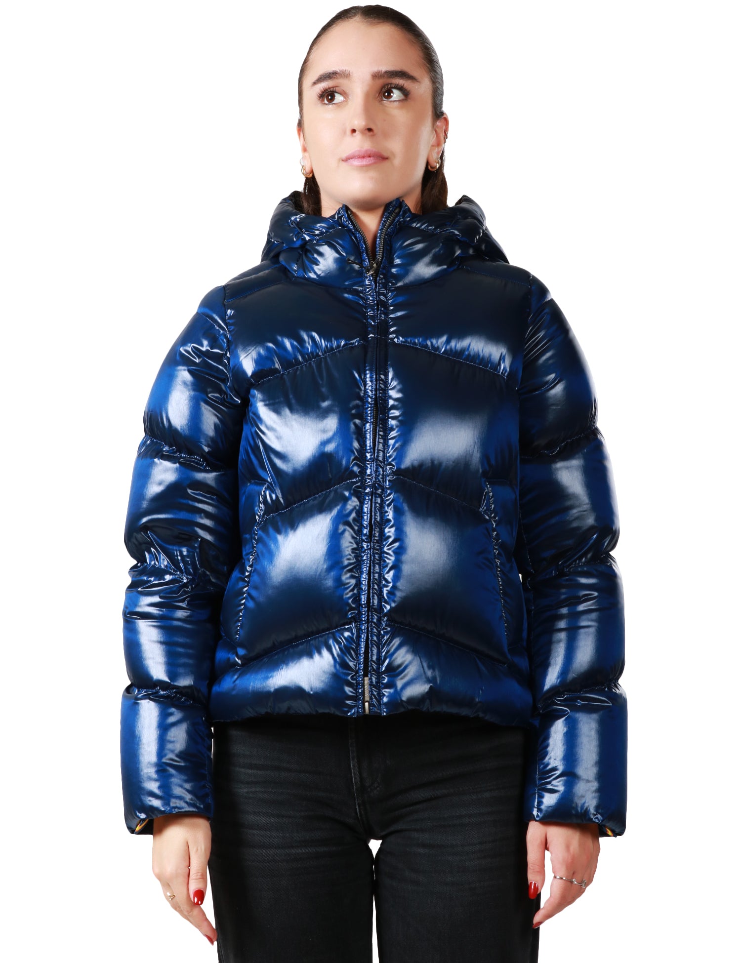 PIUMINO DONNA K WAY NINEV BLU CON ZIP E CAPPUCCIO IN NYLON LUCIDO E IMBOTTITURA IN PIUMA MOLINA