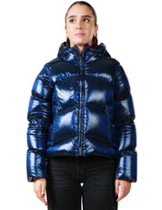 PIUMINO DONNA K-WAY NINEV BLU CON ZIP E CAPPUCCIO IN NYLON LUCIDO E IMBOTTITURA IN PIUMA MOLINA