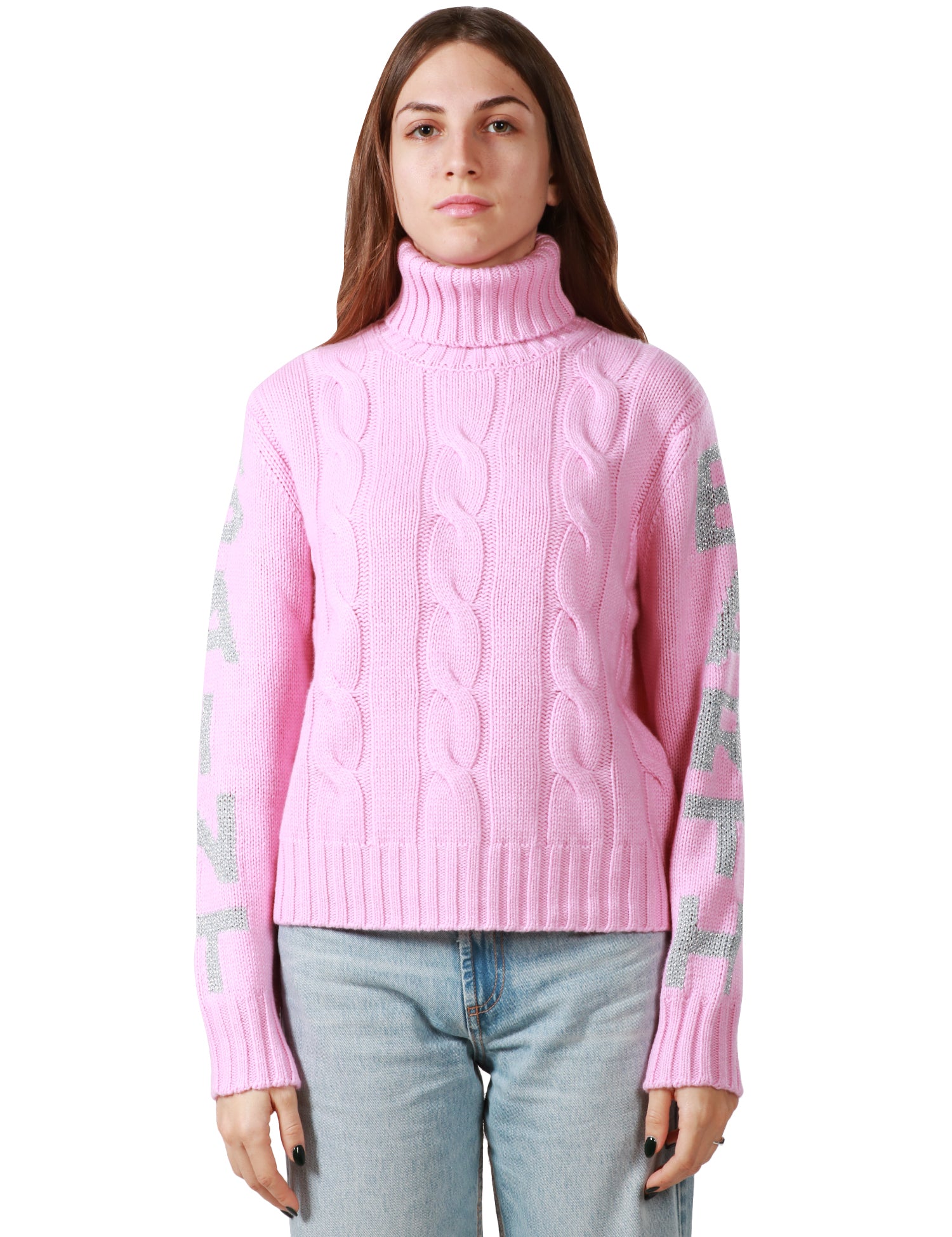 MAGLIONE DONNA MC 2 SAINT BARTH ROSA COLLO ALTO CON SCRITTA LOGO LUREX SULLE MANICHE IN MISTO LANA E CASHMERE