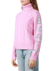 MAGLIONE DONNA MC 2 SAINT BARTH ROSA COLLO ALTO CON SCRITTA LOGO LUREX SULLE MANICHE IN MISTO LANA E CASHMERE