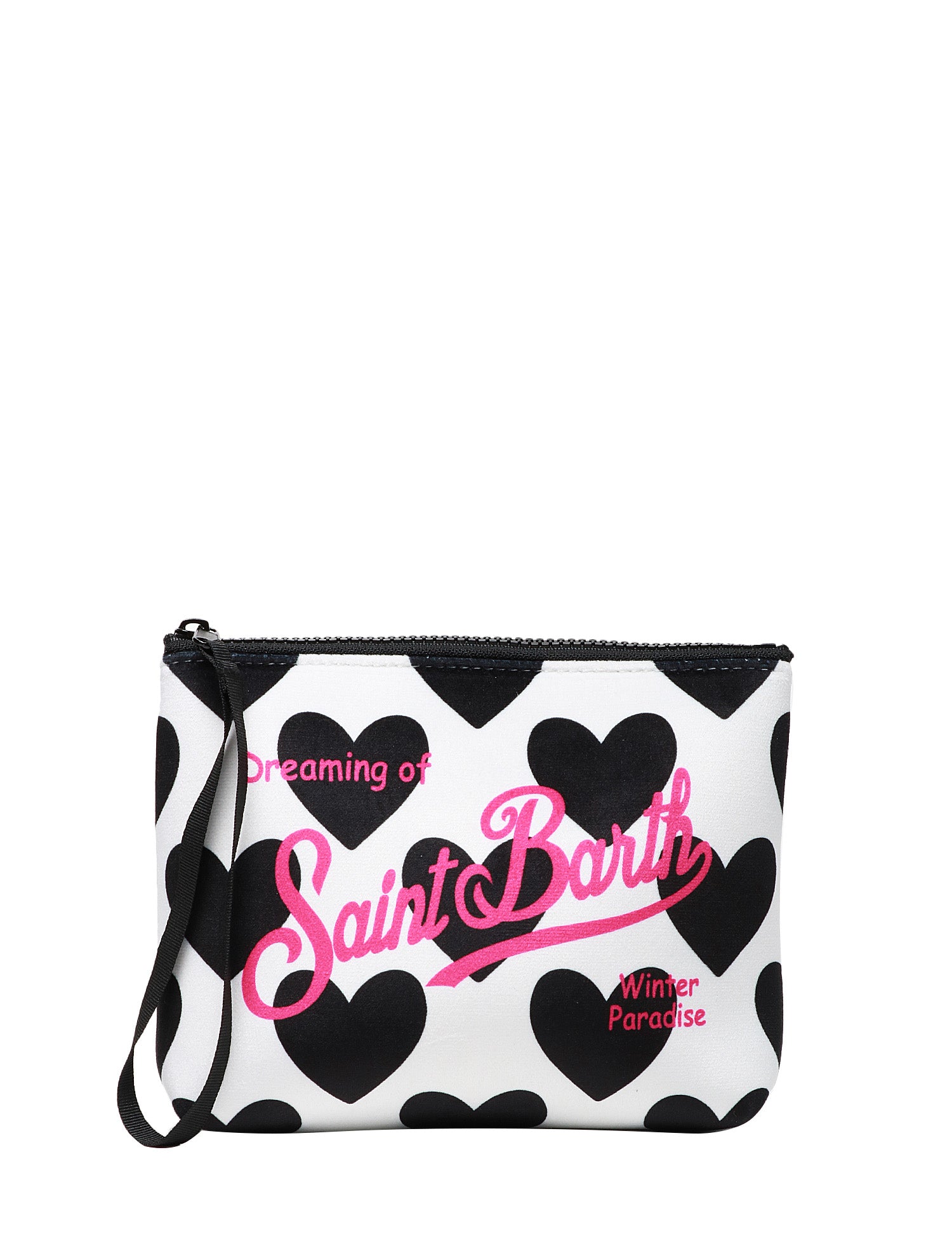 POCHETTE MC 2 SAINT BARTH BIANCO/NERO CON STAMPA CUORI E STAMPA LOGO FUXIA IN SCUBA