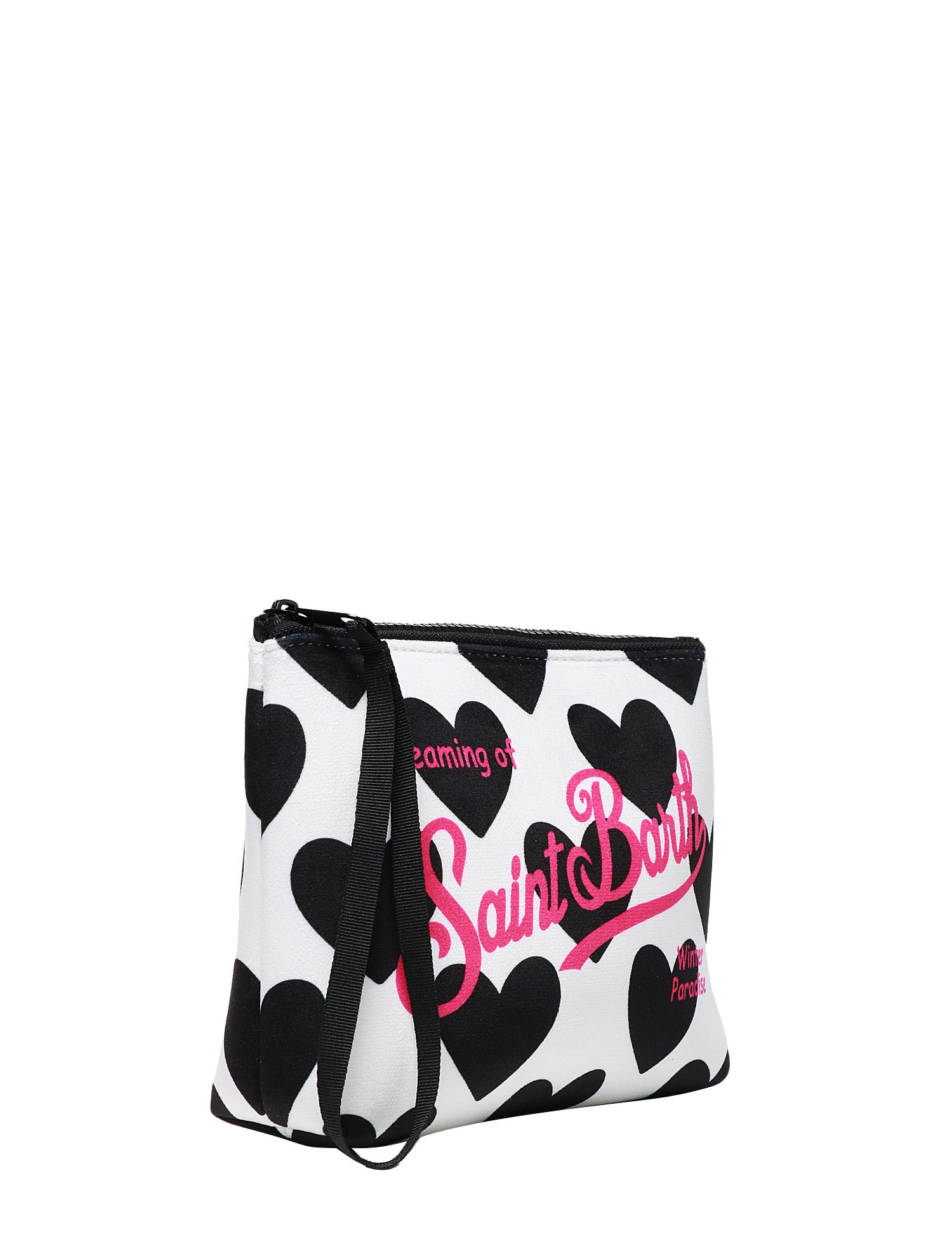 POCHETTE MC 2 SAINT BARTH BIANCO/NERO CON STAMPA CUORI E STAMPA LOGO FUXIA IN SCUBA