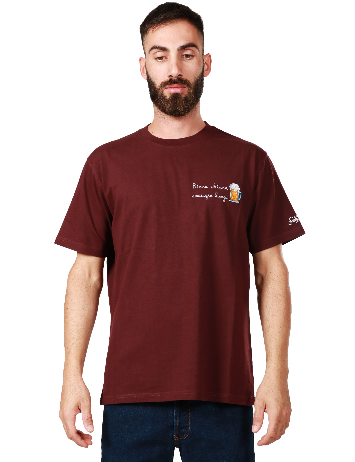 T-SHIRT UOMO MC 2 SAINT BARTH BORDEAUX GIROCOLLO CON RICAMO "BIRRA CHIARA AMICIZIA LUNGA"