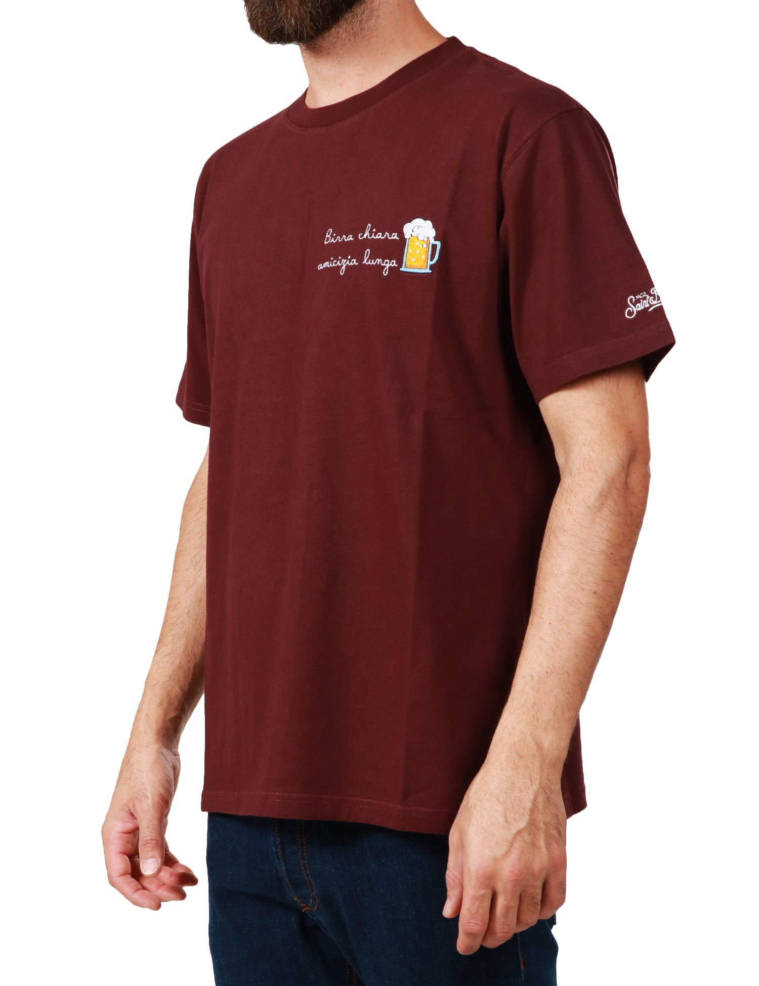 T-SHIRT UOMO MC 2 SAINT BARTH BORDEAUX GIROCOLLO CON RICAMO "BIRRA CHIARA AMICIZIA LUNGA"