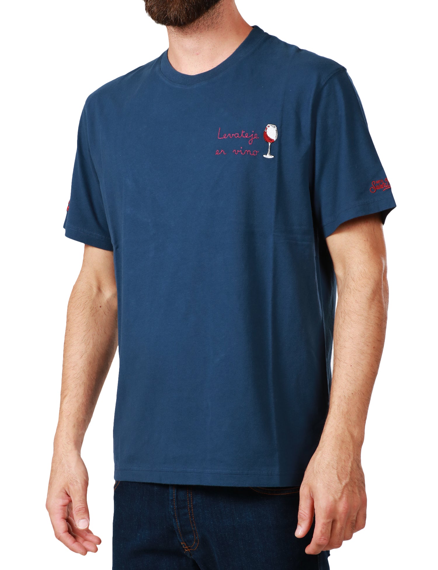 T-SHIRT UOMO MC 2 SAINT BARTH BLU NAVY GIROCOLLO CON RICAMO "LEVATEJE ER VINO"