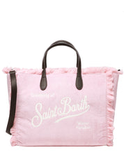 BORSA DONNA MC 2 SAINT BARTH COLETTE ROSA IN VELLUTO A COSTE CON FRANGE E RICAMO LOGO BIANCO