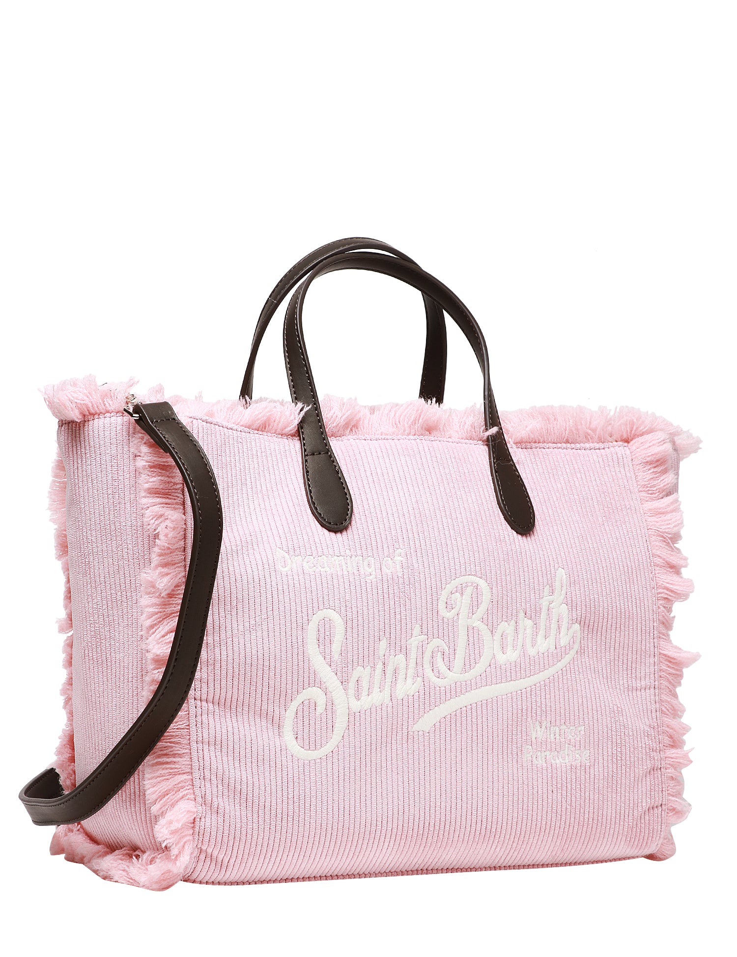 BORSA DONNA MC 2 SAINT BARTH COLETTE ROSA IN VELLUTO A COSTE CON FRANGE E RICAMO LOGO BIANCO