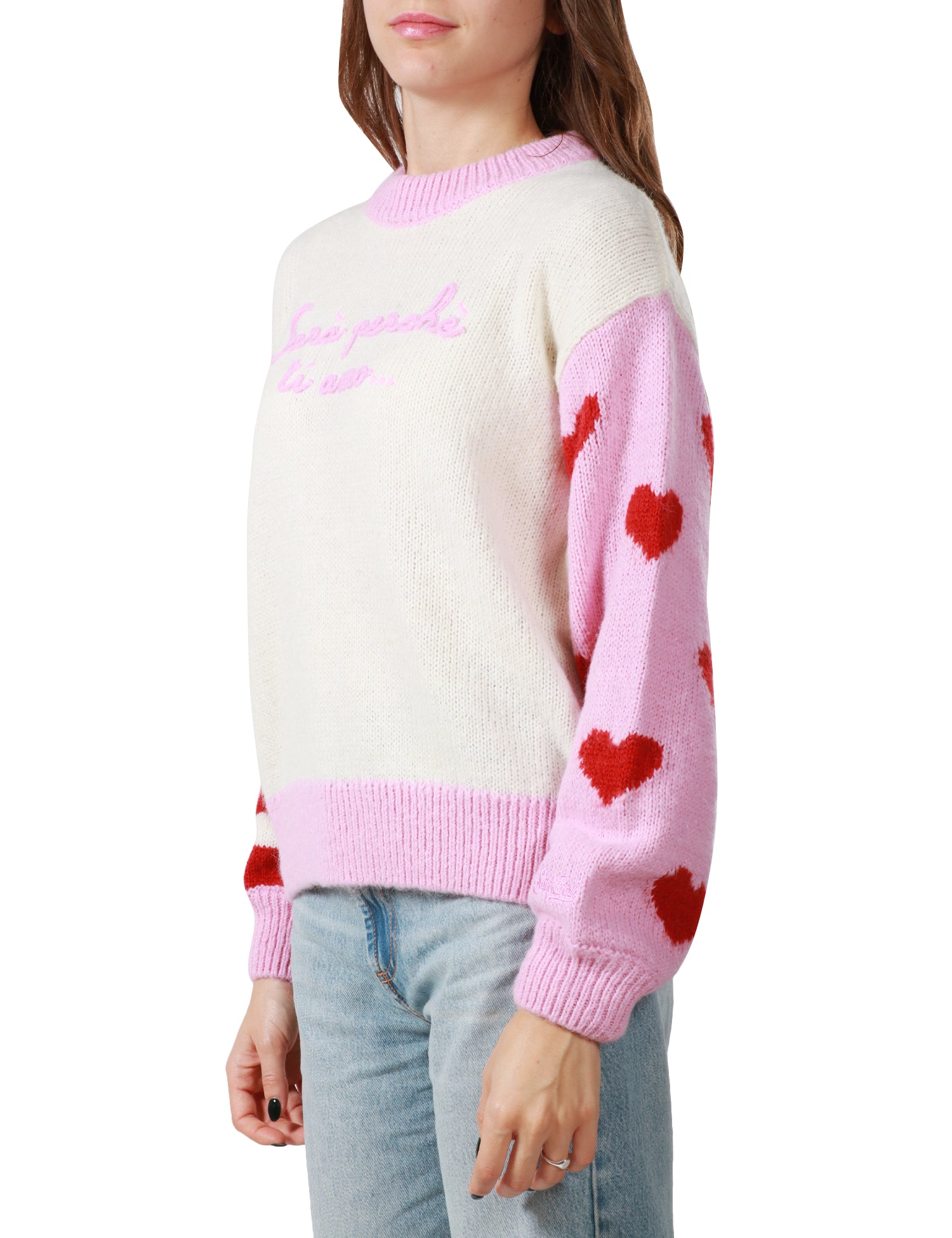 MAGLIONE DONNA MC 2 SAINT BARTH DANYA PANNA CON RICAMO "Sarà perchè ti amo" E MANICHE DIVERSE IN MISTO ALPACA