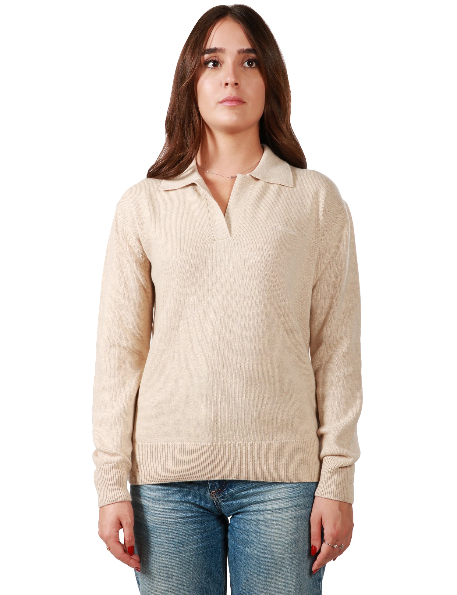 MAGLIONE DONNA MC 2 SAINT BARTH EZE BEIGE CON SCOLLO A V E COLLETTO IN MISTO LANA E CASHMERE