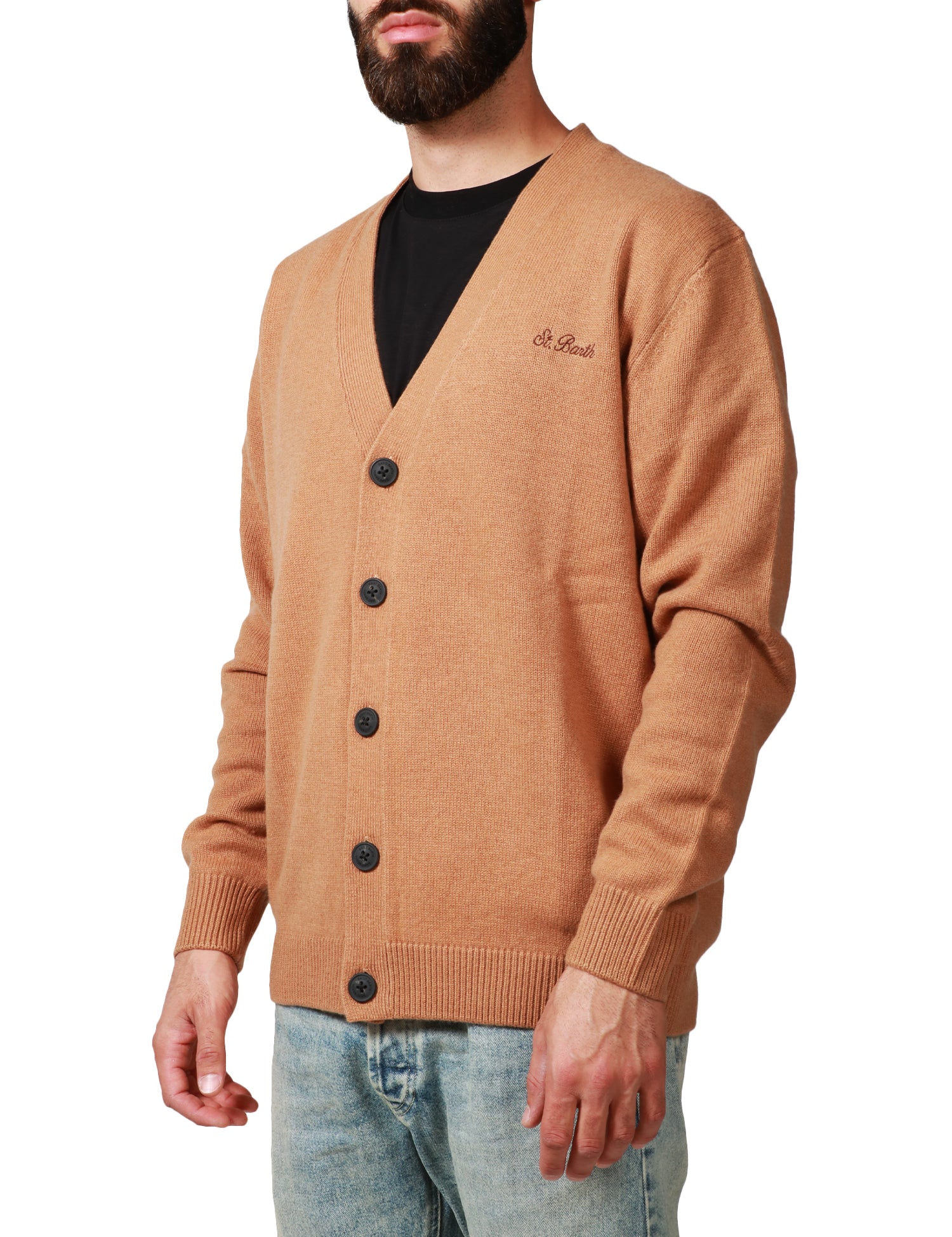 CARDIGAN UOMO MC 2 SAINT BARTH HERRISON CAMEL CON BOTTONI E LOGO RICAMATO SUL PETTO IN MISTO CASHMERE