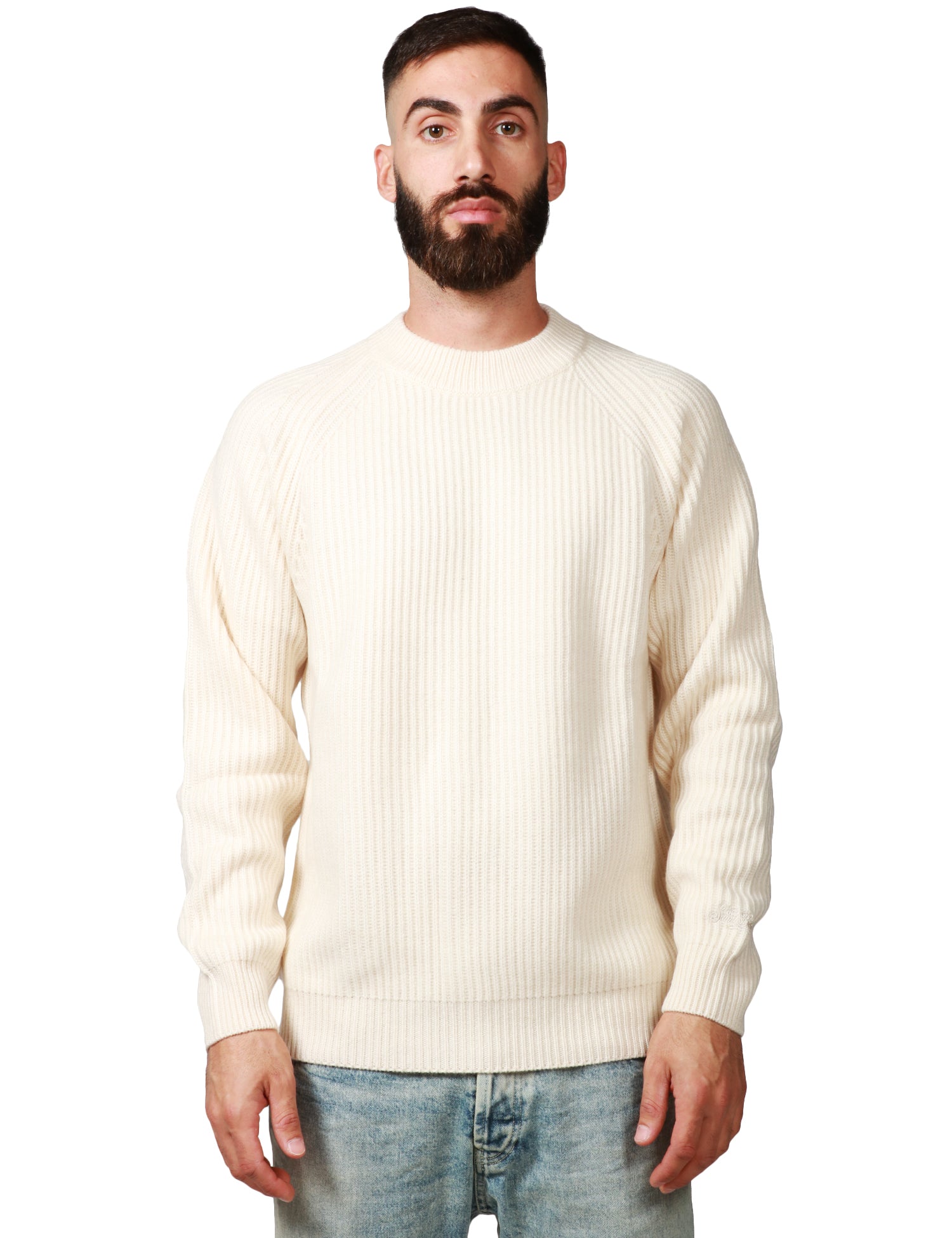 MAGLIONE UOMO MC 2 SAINT BARTH MARINE BIANCO GIROCOLLO A COSTE IN MISTO LANA E CASHMERE