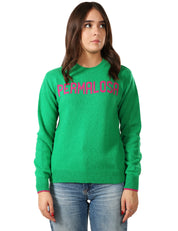 MAGLIONE DONNA MC 2 SAINT BARTH VERDE CON SCRITTA "PERMALOSA" FUXIA IN MISTO CASHMERE