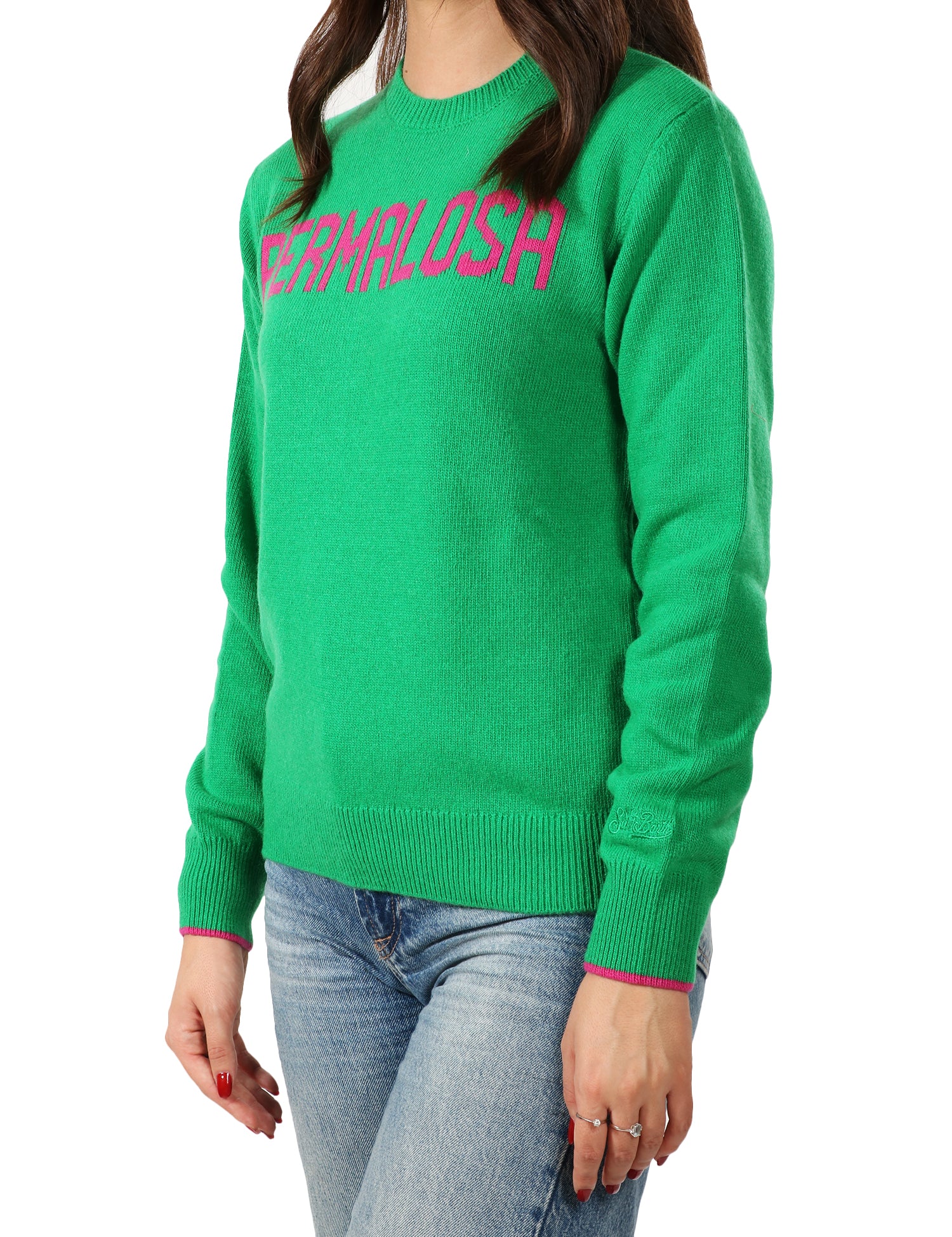 MAGLIONE DONNA MC 2 SAINT BARTH VERDE CON SCRITTA "PERMALOSA" FUXIA IN MISTO CASHMERE