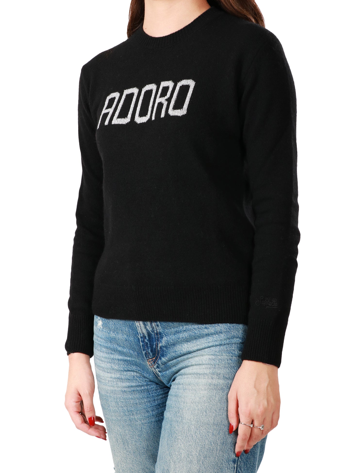 MAGLIONE DONNA MC 2 SAINT BARTH NERO CON SCRITTA "ADORO" ARGENTO IN MISTO LANA E CASHMERE