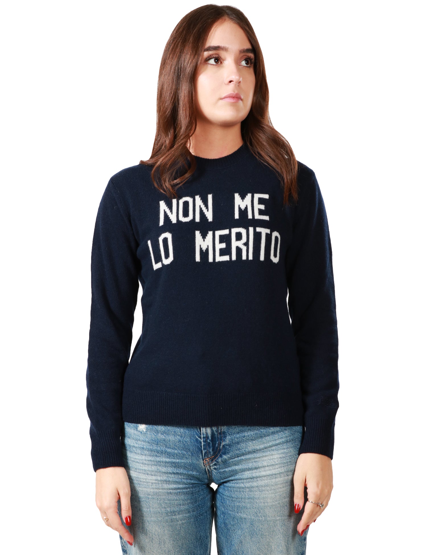 MAGLIONE DONNA MC 2 SAINT BARTH BLU CON SCRITTA "NON ME LO MERITO" BIANCA IN MISTO LANA E CASHMERE