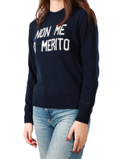 MAGLIONE DONNA MC 2 SAINT BARTH BLU CON SCRITTA "NON ME LO MERITO" BIANCA IN MISTO LANA E CASHMERE