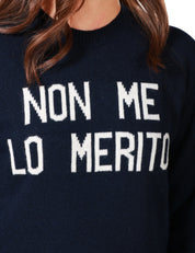 MAGLIONE DONNA MC 2 SAINT BARTH BLU CON SCRITTA "NON ME LO MERITO" BIANCA IN MISTO LANA E CASHMERE