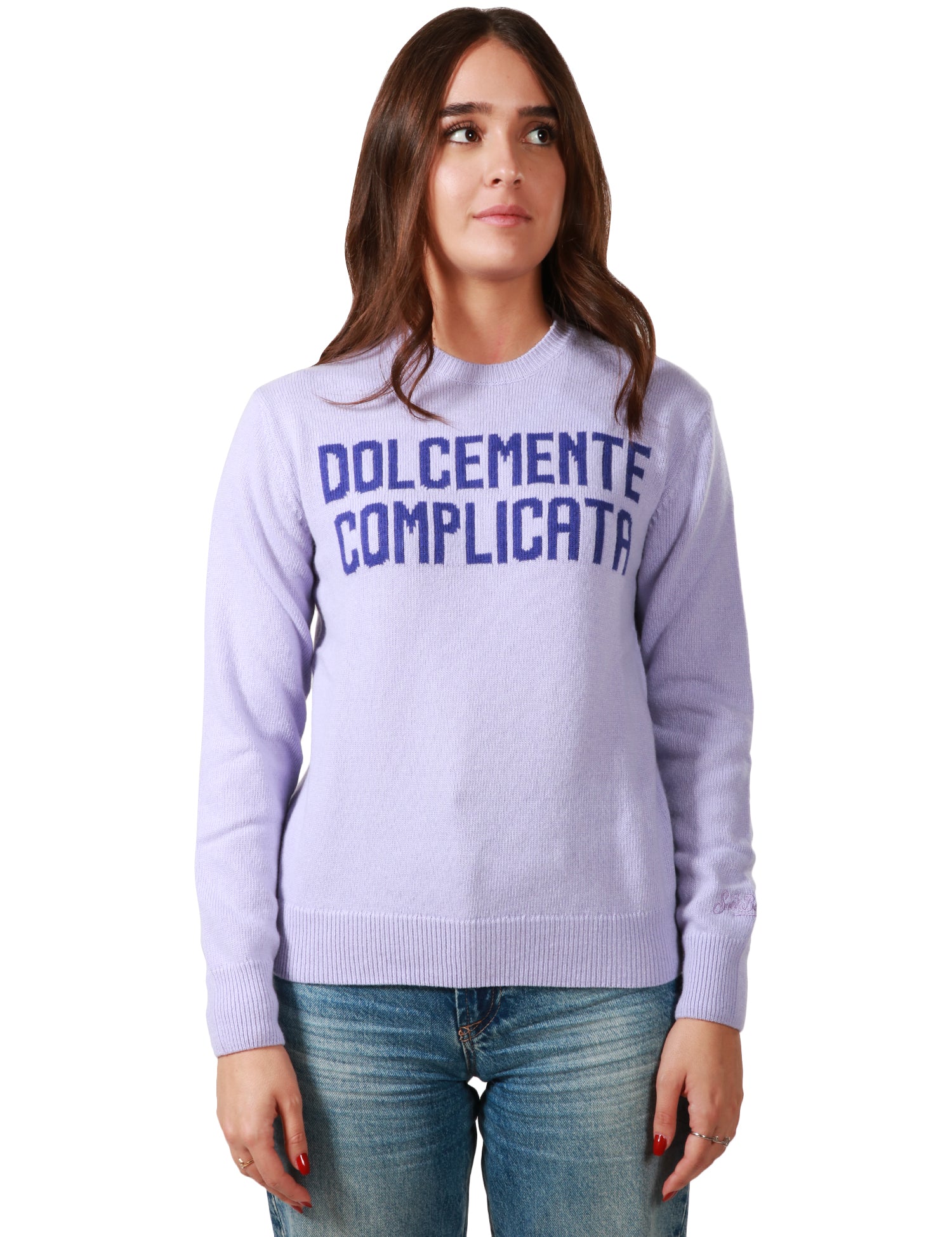 MAGLIONE DONNA MC 2 SAINT BARTH LILLA CON SCRITTA "DOLCEMENTE COMPLICATA" VIOLA IN MISTO LANA E CASHMERE