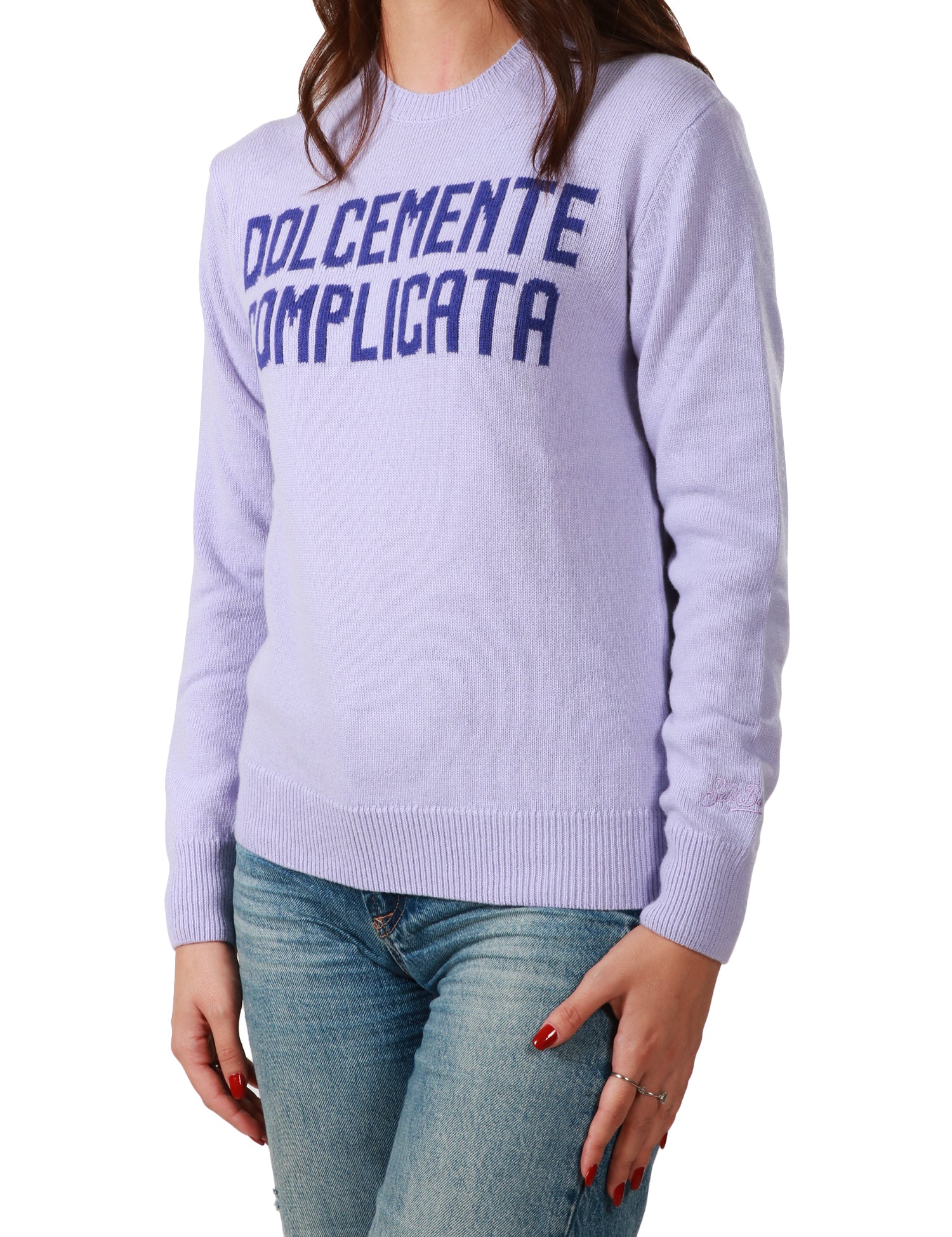 MAGLIONE DONNA MC 2 SAINT BARTH LILLA CON SCRITTA "DOLCEMENTE COMPLICATA" VIOLA IN MISTO LANA E CASHMERE