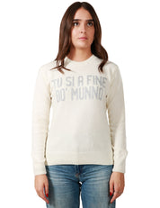 MAGLIONE DONNA MC 2 SAINT BARTH BIANCO CON SCRITTA "TU SI A FINE DO MUNN" ARGENTO IN MISTO LANA E CASHMERE