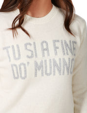 MAGLIONE DONNA MC 2 SAINT BARTH BIANCO CON SCRITTA "TU SI A FINE DO MUNN" ARGENTO IN MISTO LANA E CASHMERE