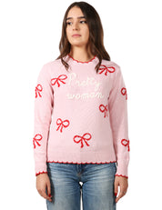 MAGLIONE DONNA MC 2 SAINT BARTH ROSA CON RICAMO "PRETTY WOMAN" E STAMPA FIOCCHI IN MISTO LANA E CASHMERE