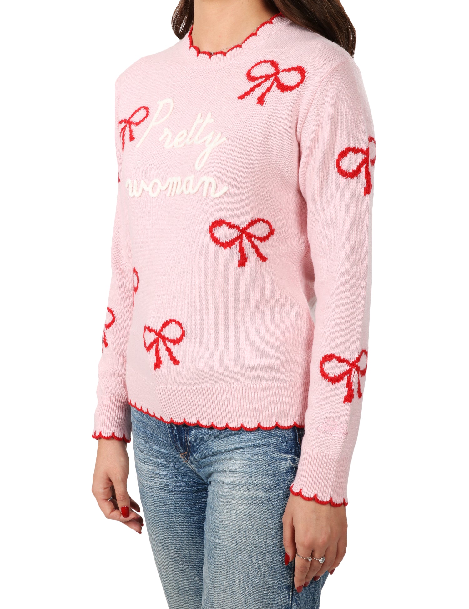 MAGLIONE DONNA MC 2 SAINT BARTH ROSA CON RICAMO "PRETTY WOMAN" E STAMPA FIOCCHI IN MISTO LANA E CASHMERE