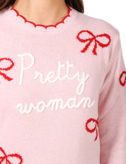 MAGLIONE DONNA MC 2 SAINT BARTH ROSA CON RICAMO "PRETTY WOMAN" E STAMPA FIOCCHI IN MISTO LANA E CASHMERE