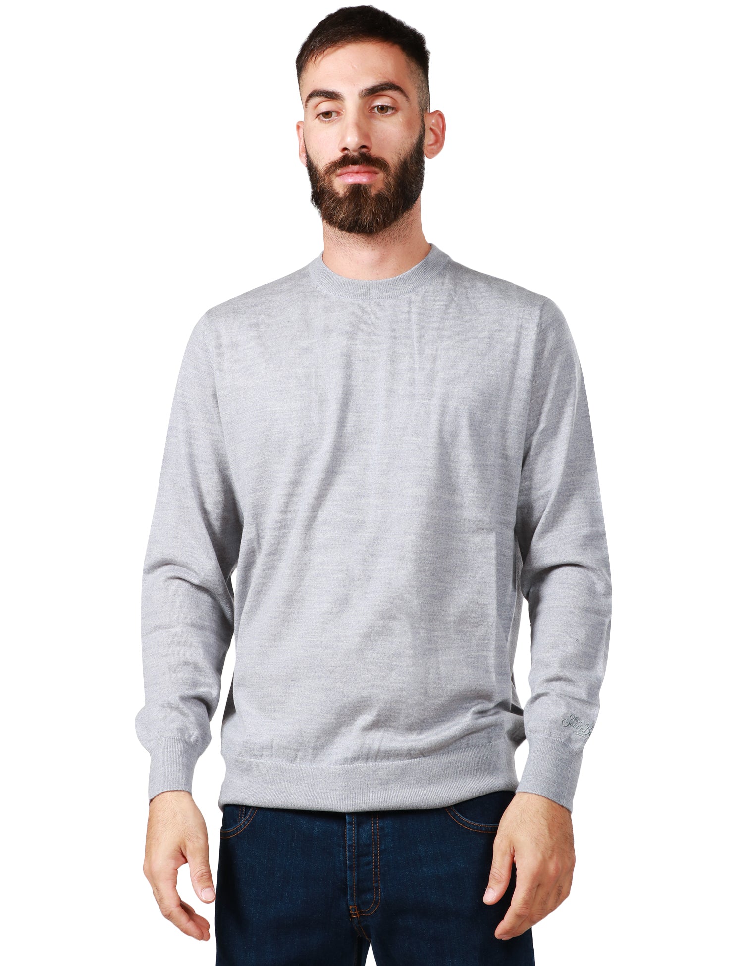 MAGLIONE UOMO MC 2 SAINT BARTH GRIGIO CHIARO GIROCOLLO CON RICAMO LOGO SUL POLSINO IN LANA MERINO 100%