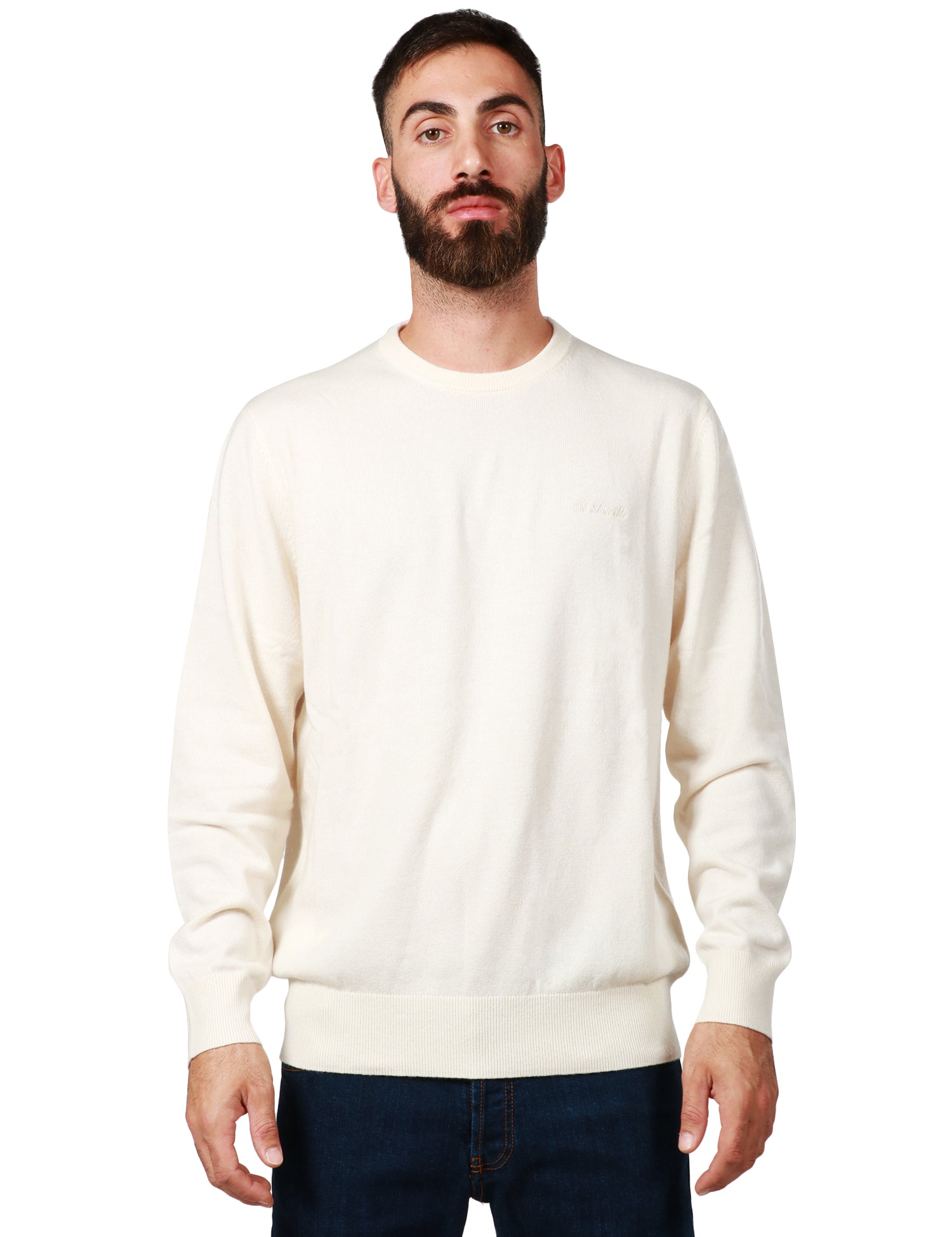 MAGLIONE UOMO MC 2 SAINT BARTH BIANCO GIROCOLLO CON LOGO RICAMATO SUL PETTO IN LANA MISTO CACHEMIRE