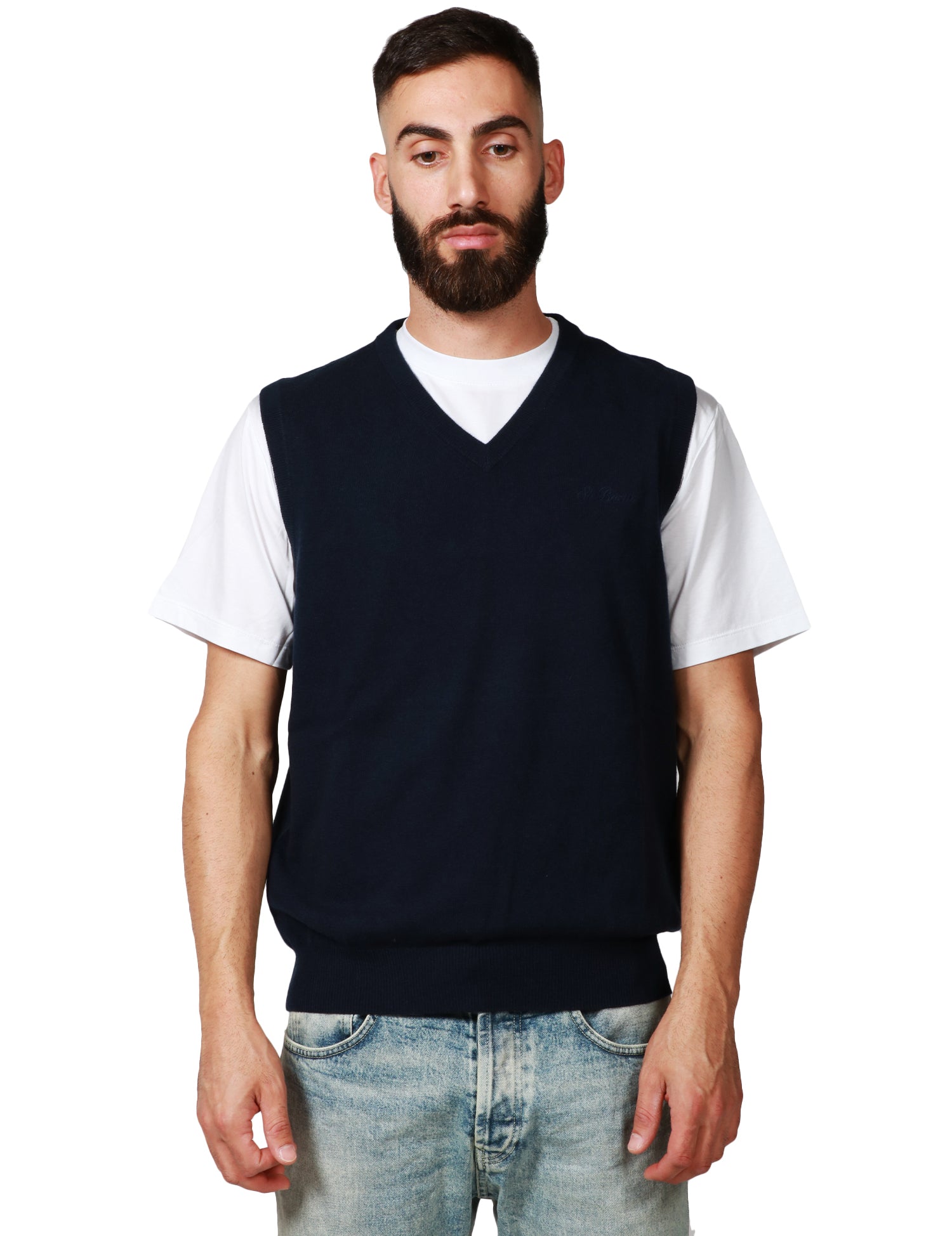 GILET UOMO MC 2 SAINT BARTH RUSSEL BLU CON SCOLLO A V E LOGO RICAMATO SUL PETTO IN LANA