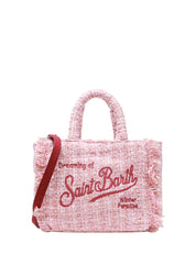 BORSA DONNA MC 2 SAINT BARTH MINI VANITY ROSA IN TWEED CON FRANGE E RICAMO LOGO ROSSO