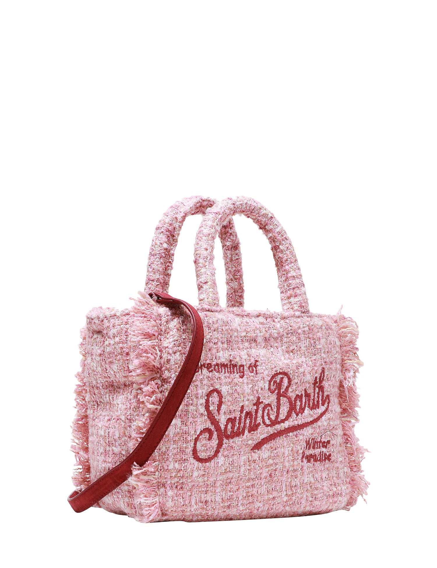 BORSA DONNA MC 2 SAINT BARTH MINI VANITY ROSA IN TWEED CON FRANGE E RICAMO LOGO ROSSO