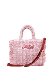 BORSA DONNA MC 2 SAINT BARTH MINI VANITY ROSA IN TWEED CON FRANGE E RICAMO LOGO ROSSO