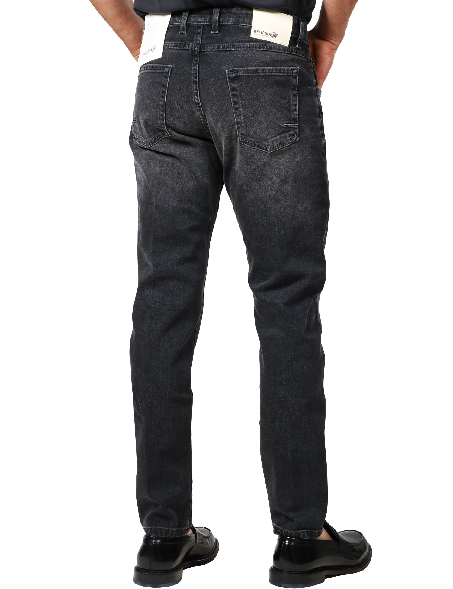 JEANS UOMO OFFICINA 36 BLACK DENIM CON EFFETTO SLAVATO E SCOLORITURE 5 TASCHE SLIM FIT