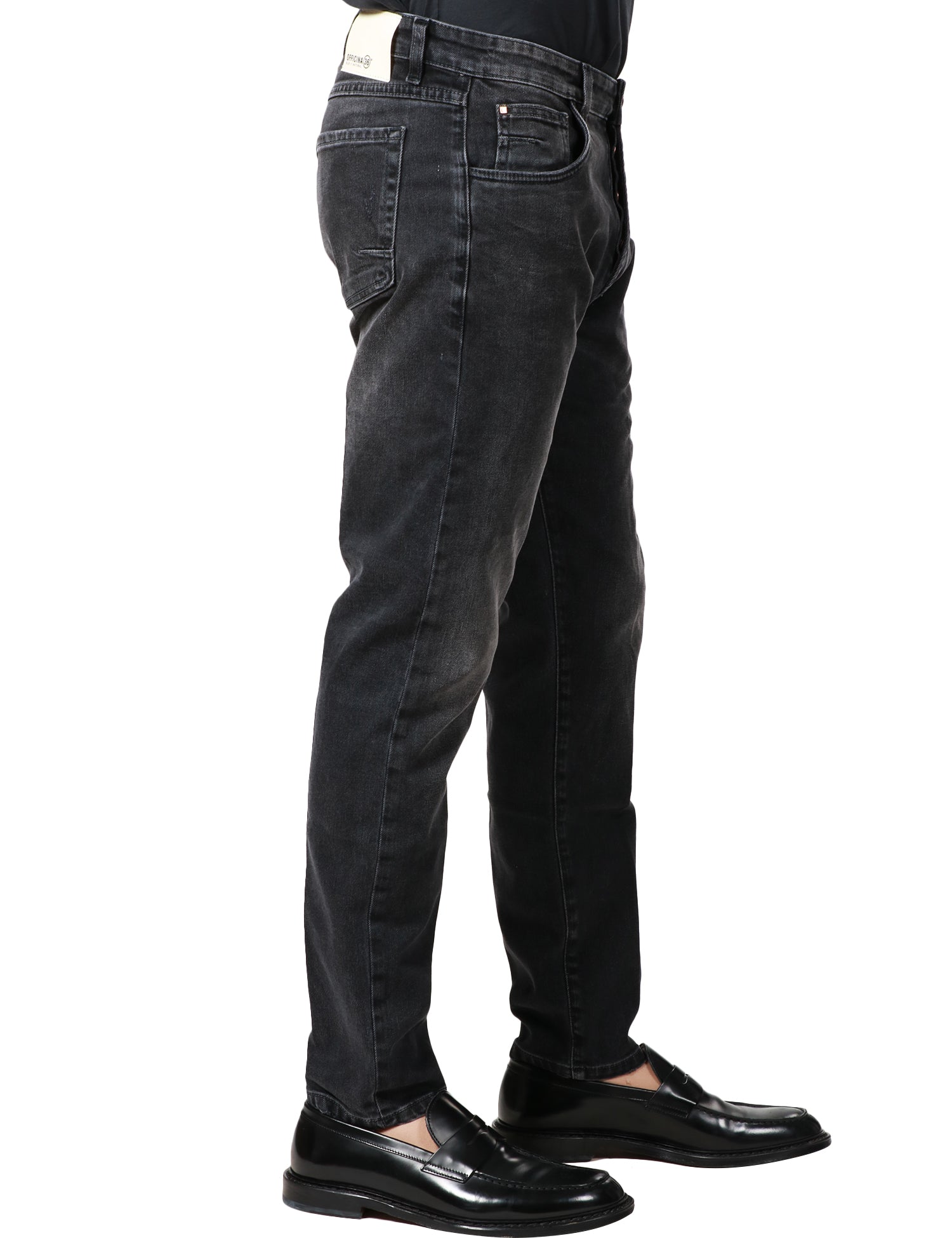 JEANS UOMO OFFICINA 36 BLACK DENIM CON EFFETTO SLAVATO E SCOLORITURE 5 TASCHE SLIM FIT